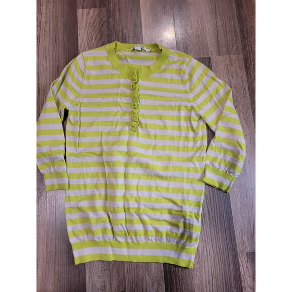 Boden Pullover Henley Sweater Ruffle Green Stripe Wool Women's Sweater Size 8 - Picture 1 of 7
